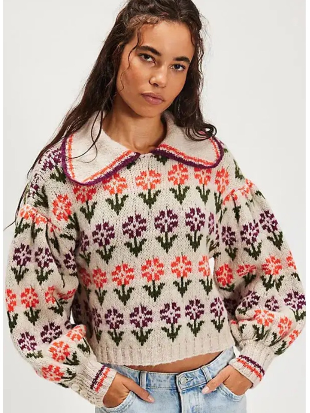 Free People Frills Softspun Sweater in Oatmeal Tulip Combo | XS NWT